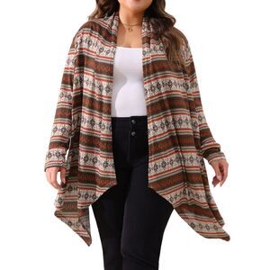 Plus Size Front Open Cardigan Lightweight Boho Striped Sweaters Brown
